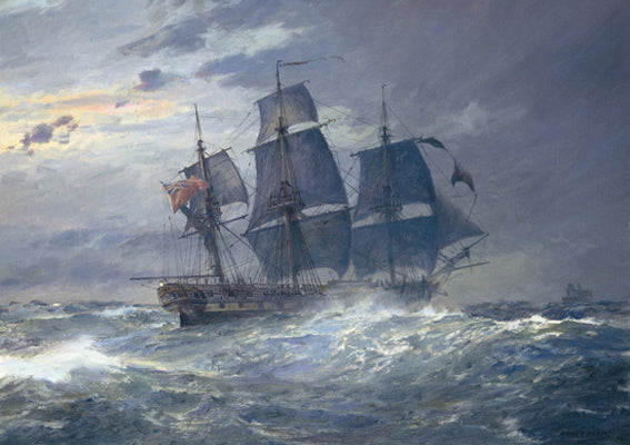 HMS Indefatigable - 44-gun razee - Oil on board by Geoff Hunt RSMA.