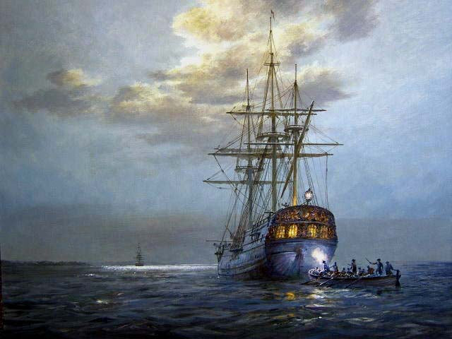 Night Attack on the Bloody 'Revenge' - Oil on board by Geoff Hunt RSMA.