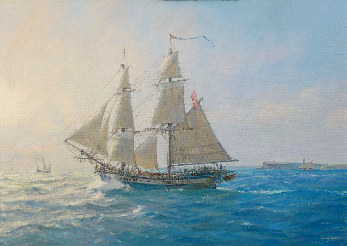 A Sorts of Snow - HM Brig Sophie off Cape Mola, Minorca - Oil on canvas by Geoff Hunt RSMA.
