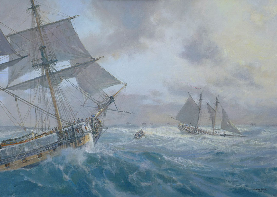 "Dispatched the Schooner Pickle" - Oil on canvas by Geoff Hunt RSMA.