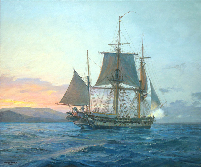 HMS Beagle off the Galapagos - Commissioned oil on canvas by Geoff Hunt RSMA.