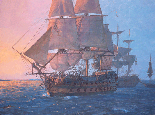 HMS Leander at the Battle of the Nile - Oil on board by Geoff Hunt RSMA.