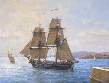 HMS Sophie leaving Port Mahon - Oil on canvas by Geoff Hunt RSMA.