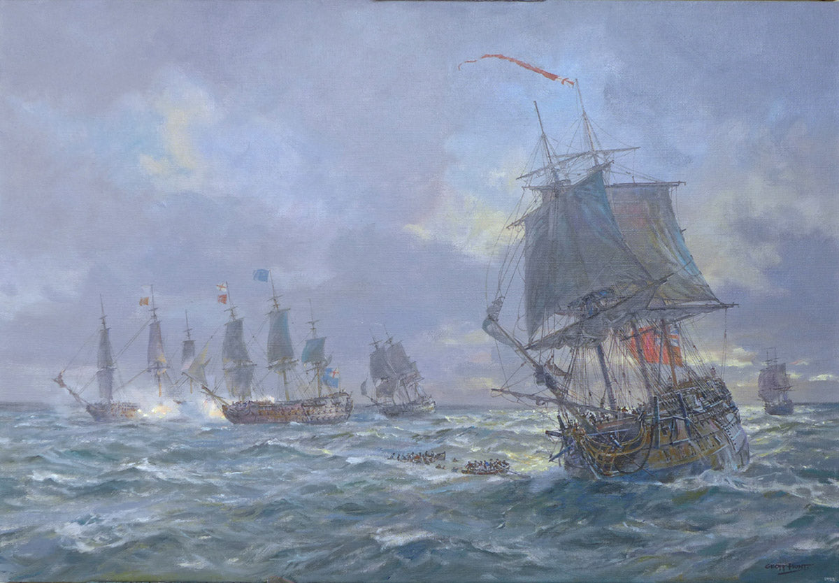 HMS Torbay rescuing survivors of the French Thésée, Quiberon Bay, 20 September 1759 - Oil on canvas by Geoff Hunt RSMA