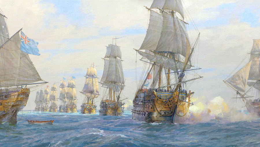 HMS Victory leading the main squadron at the Battle of Cape St Vincent, 14 February 1797 - Commissioned oil on canvas by Geoff Hunt RSMA