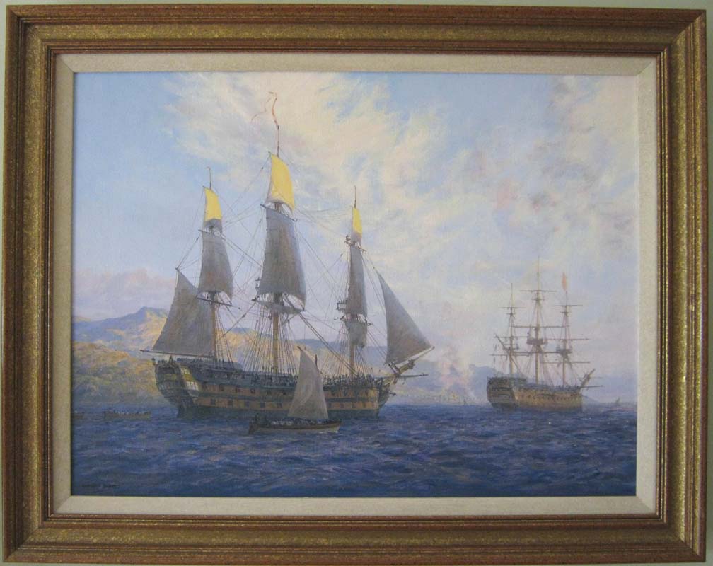 HM Ships Agamemnon and Victory off Bastia, 4th April 1794 - Commissioned oil on canvas by Geoff Hunt RSMA.