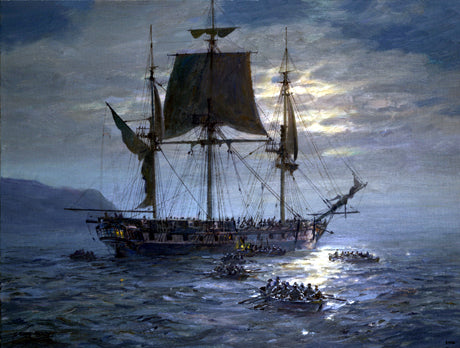 Night attack: 'HMS Surprise' sends the boats - Oil on canvas by Geoff Hunt RSMA.