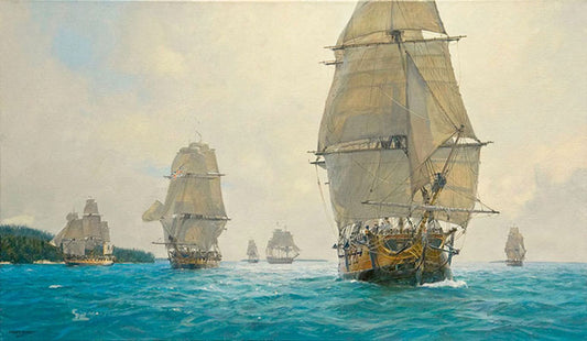 Sir George Collier's Squadron in Penobscot Bay, 14th August 1779 - Oil on canvas by Geoff Hunt RSMA.