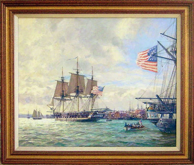 USS Chesapeake in Boston Harbor, April 1813 - Commissioned oil on canvas by Geoff Hunt RSMA.