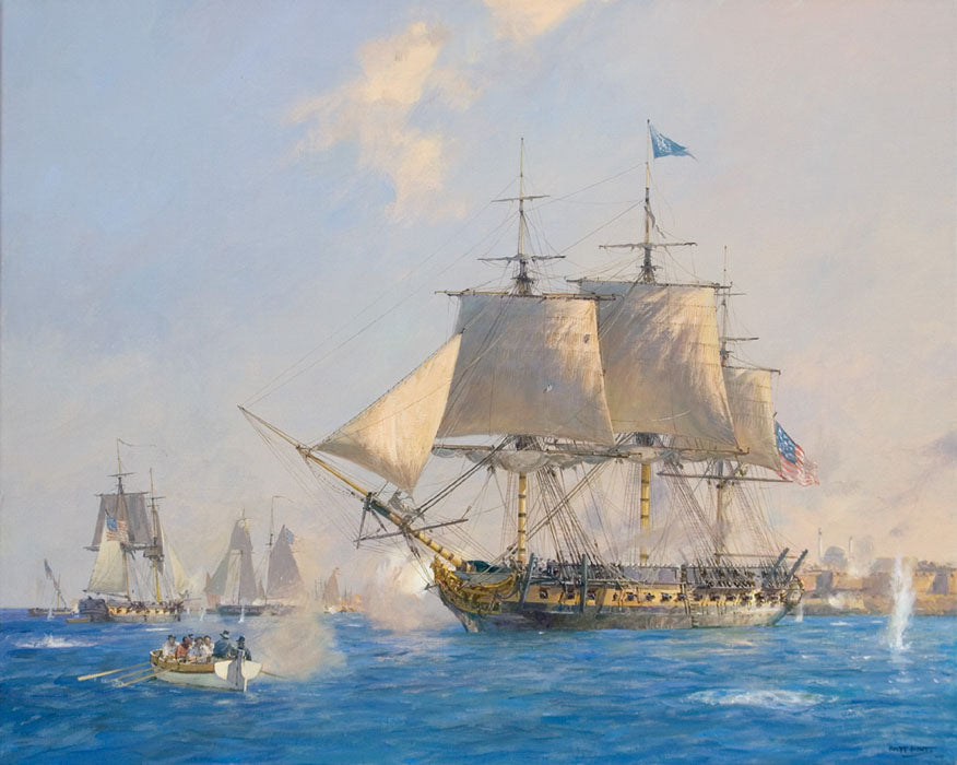 USS Constitution - The Bombardment of Tripoli - Commissioned oil on canvas by Geoff Hunt RSMA.