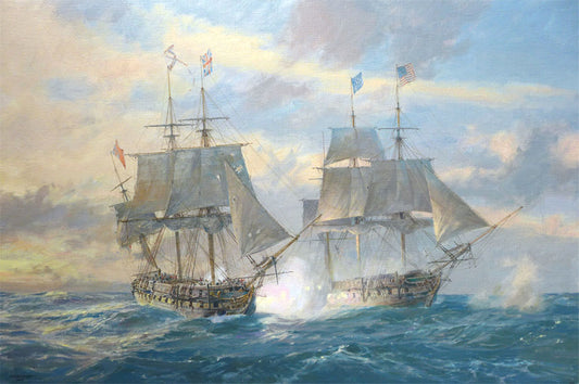 USS Constitution in action with HMS Guerriere,, 19th August 1812 - Commissioned oil on canvas by Geoff Hunt RSMA.