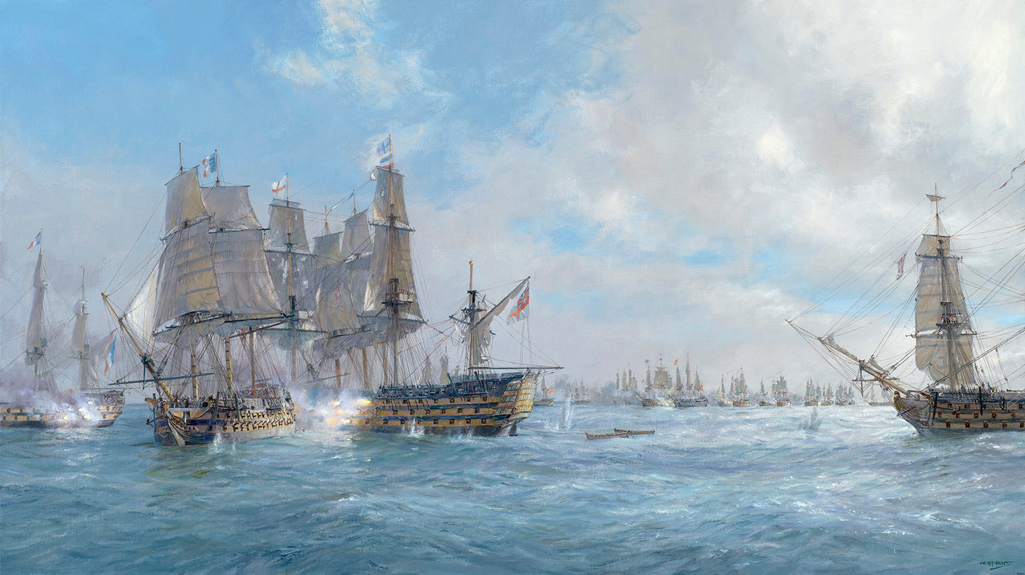 Geoff Hunt canvas - Trafalgar: The Flagships in Action, 21st October 1805 at about 12.40 pm. Bucentaure, HMS Victory, HMS Royal Sovereign & Santa Ana
