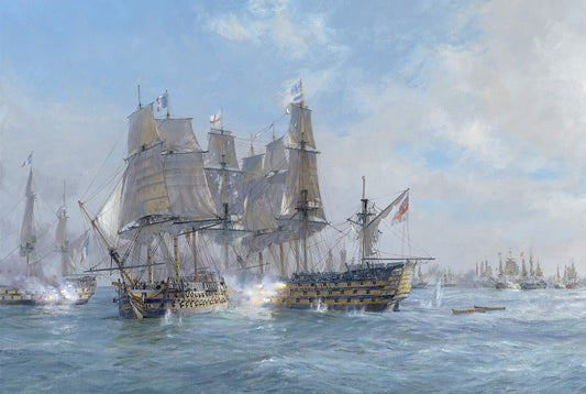 Geoff Hunt print on paper - Trafalgar: The Flagships in Action, 21st October 1805 at about 12.40 pm. Bucentaure, HMS Victory, HMS Royal Sovereign & Santa Ana