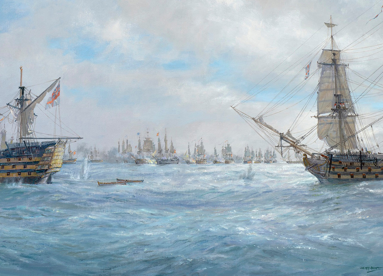 Geoff Hunt canvas - Trafalgar: The Flagships in Action, 21st October 1805 at about 12.40 pm. Bucentaure, HMS Victory, HMS Royal Sovereign & Santa Ana