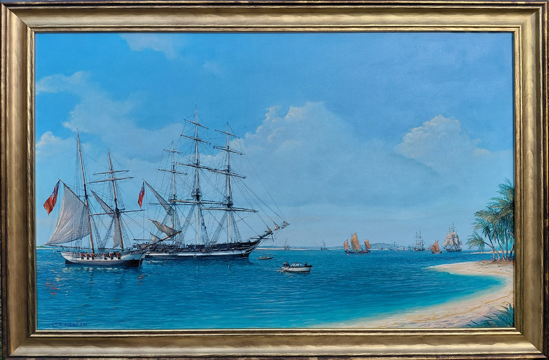Schooners Indiana and Enterprise at Singapore, 1819 - Commissioned painting by Jenny Morgan RSMA