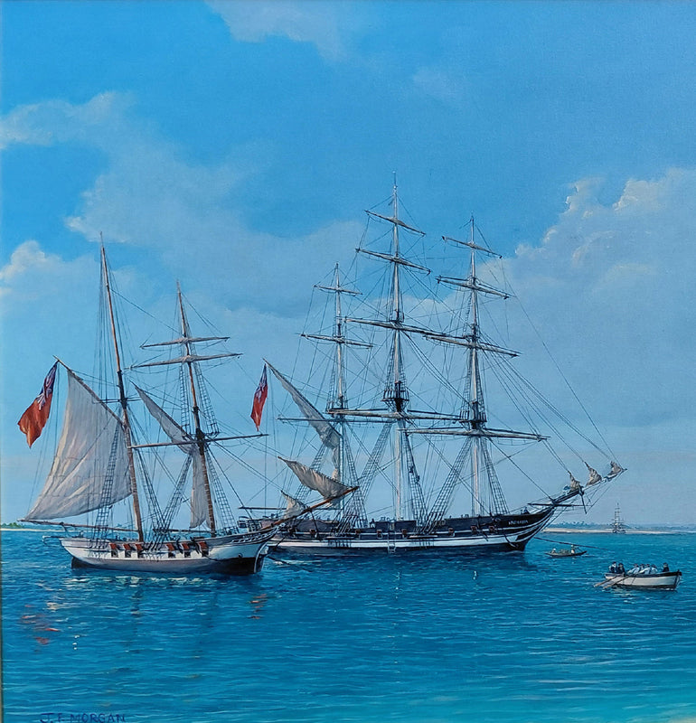 Schooners Indiana and Enterprise at Singapore, 1819 - Commissioned painting by Jenny Morgan RSMA
