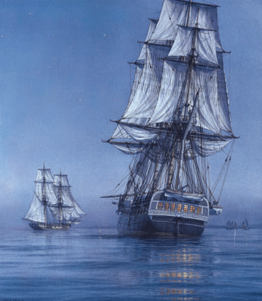 Becalmed on Blockade H.M. Ships Melpomene and Childers cruising off the Ile de Batz, August 1798. - Mark Myers PPRSMA