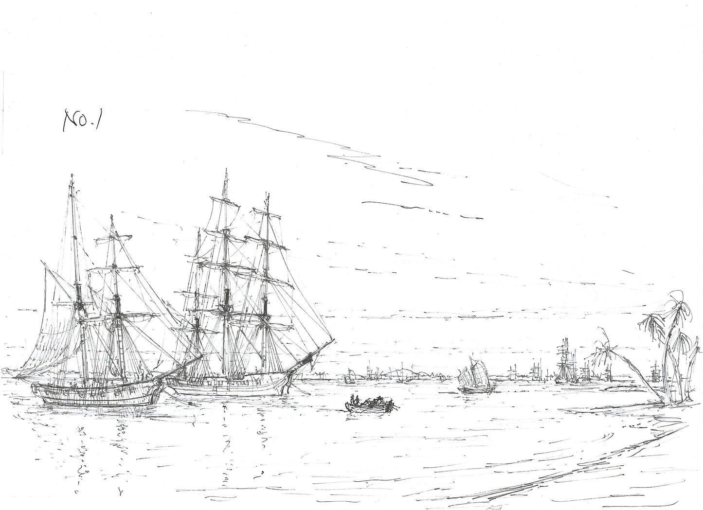 Schooners Indiana and Enterprise at Singapore, 1819 - Commissioned painting by Jenny Morgan RSMA