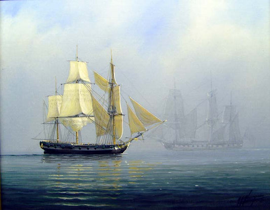A Sloop of War and a Frigate are revealed by the lifting mist off Guernsey - Tim Thompson